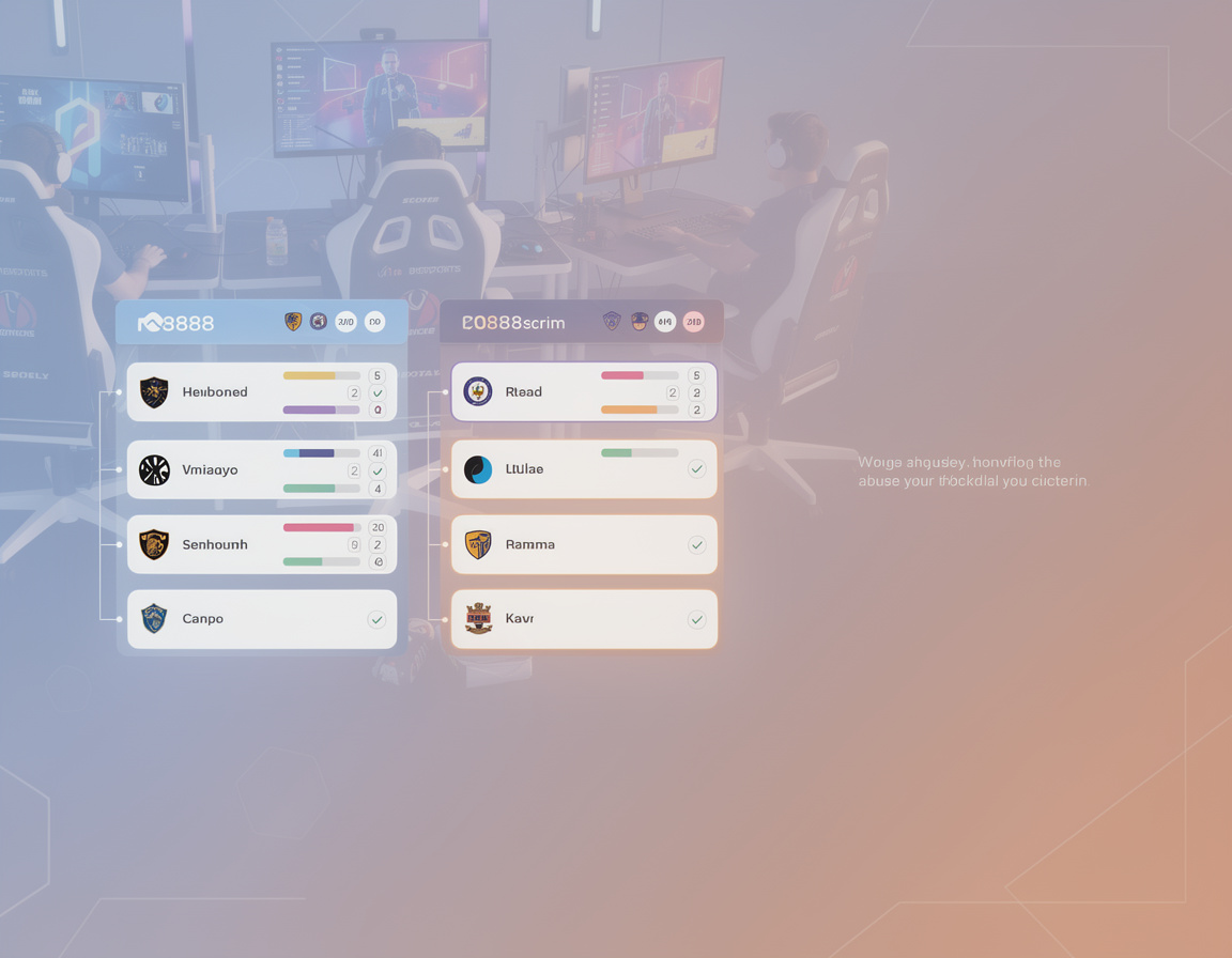 Ilustrasi team roster dan jadwal scrim dalam event ro888 dengan bracket, room match, dan catatan skor ro888